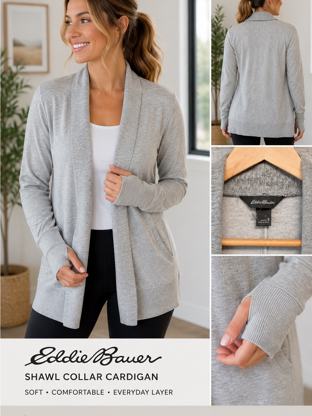 Eddie Bauer Women’s S Gray Shawl Collar Cardigan Thumbholes Pockets